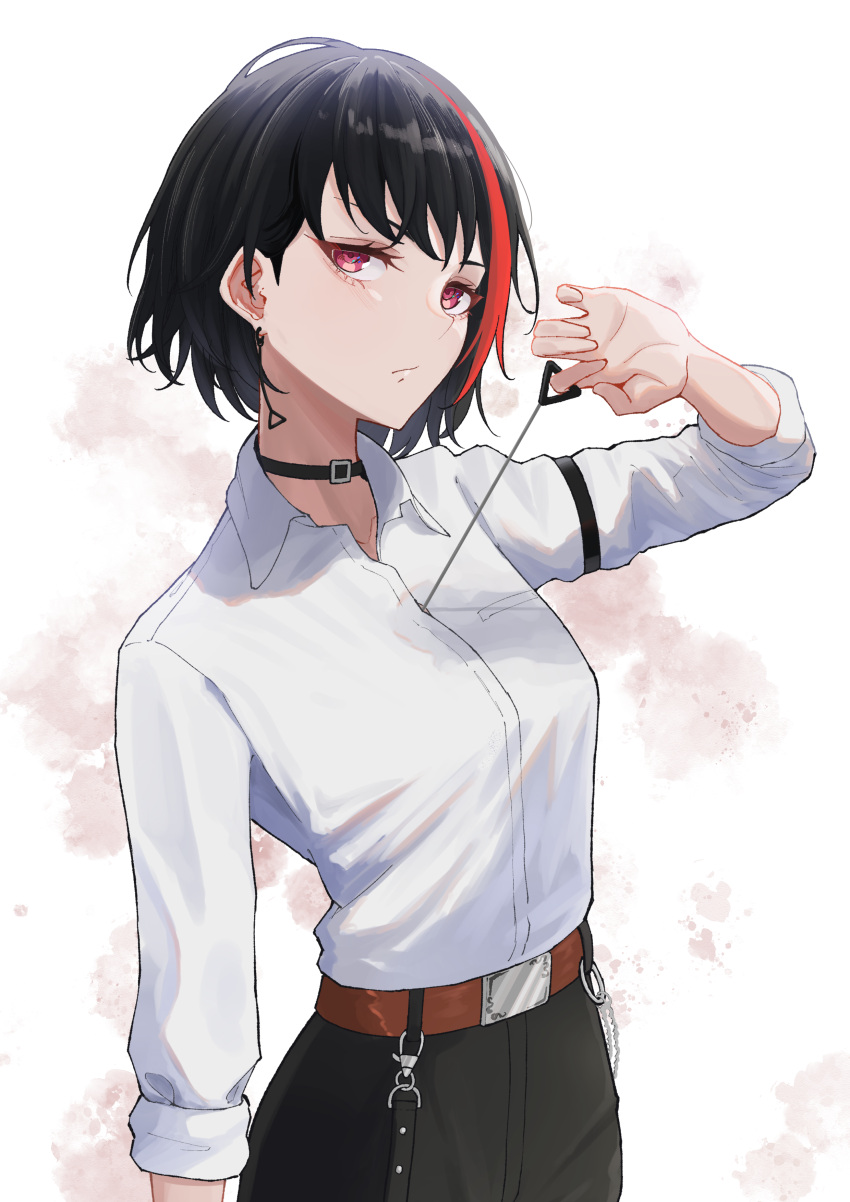 1girl absurdres armband bang_dream! belt black_armband black_choker black_hair breasts brown_belt chainsaw_man choker closed_mouth collared_shirt commentary cosplay cowboy_shot denji_(chainsaw_man) denji_(chainsaw_man)_(cosplay) dress_shirt earrings hand_up highres jewelry long_sleeves looking_at_viewer mitake_ran multicolored_hair nishiki_(nishiki4692) open_collar pull_cord redhead shirt short_hair sleeves_rolled_up solo streaked_hair two-tone_hair violet_eyes white_shirt