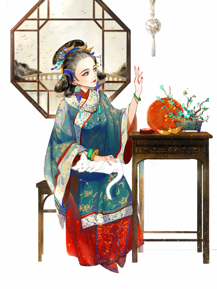 1girl animal animal_on_lap bird black_hair blue_dress blue_flower bracelet bridge cat chinese_clothes chinese_commentary closed_mouth dress earrings eyeliner flower full_body hair_bun hair_ornament hair_pulled_back hand_up highres jewelry layered_dress leaf_hair_ornament lipstick long_sleeves looking_to_the_side makeup nail_polish necklace on_lap original petting plant potted_plant qfc-kiyoi red_dress red_footwear red_lips red_nails shoes sitting smile stool table tassel updo white_background white_cat wide_sleeves window