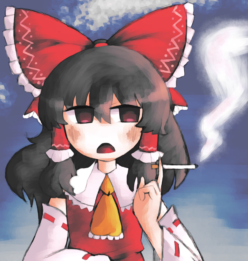 1girl absurdres ascot black_hair blush bow cigarette collared_shirt commentary detached_sleeves english_commentary frilled_bow frilled_hair_tubes frilled_shirt_collar frills hair_bow hair_tubes hakurei_reimu hand_up highres holding holding_cigarette iesonatana long_hair long_sleeves looking_to_the_side open_mouth red_bow red_eyes red_shirt ribbon-trimmed_sleeves ribbon_trim shirt sidelocks sideways_glance sleeveless sleeveless_shirt smoke smoking solo touhou upper_body white_sleeves yellow_ascot