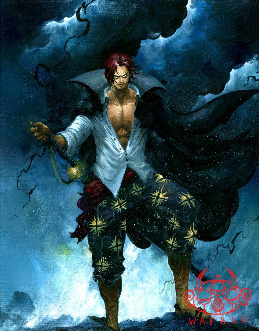 1boy absurdres acrylic_paint_(medium) amputee artist_logo artist_name bare_pectorals black_coat black_lightning clouds coat collared_coat dark_clouds facial_hair haki highres holding holding_sword holding_weapon leg_hair looking_at_viewer male_focus one_piece open_clothes open_shirt painting_(medium) pectorals print_shorts redhead sandals scar scar_across_eye scar_on_face shanks_(one_piece) shirt short_hair shorts smile solo standing storm sun_print sword traditional_media unbuttoned unbuttoned_shirt wafalo weapon white_shirt