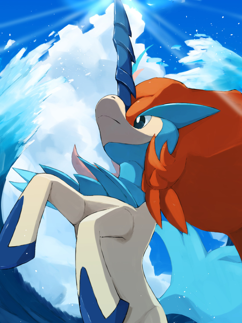 black_eyes bright_pupils closed_mouth clouds commentary day frown highres keldeo kou11021301 no_humans outdoors pokemon pokemon_(creature) sky solo symbol-only_commentary water white_pupils