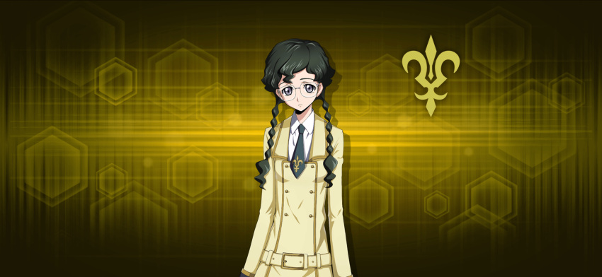 1girl arms_at_sides artist_request belt braid buttons closed_mouth code_geass code_geass:_lost_stories collared_shirt double-breasted drop_shadow flat_chest game_cg glasses green_hair green_necktie grey_eyes highres jacket logo long_hair long_sleeves looking_at_viewer necktie nina_einstein non-web_source official_art rimless_eyewear school_uniform shirt solo standing twin_braids twintails upper_body white_shirt yellow_background yellow_jacket