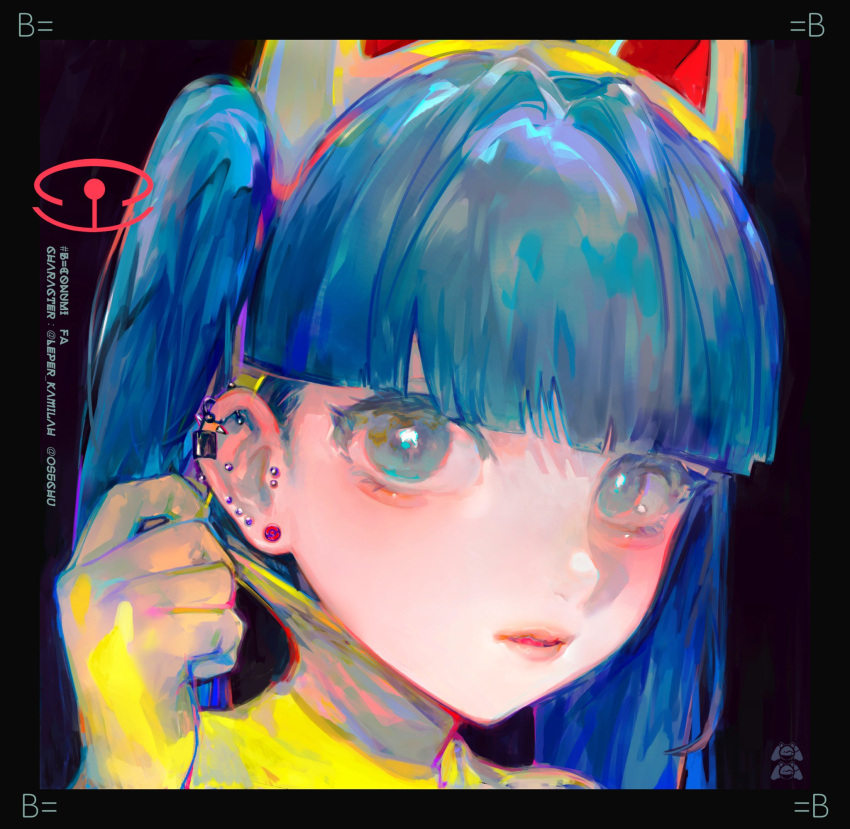 1girl animal_ears b=conumi_(leper_kamilah) best_happiness black_border blue_eyes blue_hair blunt_bangs border cat_ears clothes_pull ear_piercing earrings gloves hand_up highres jewelry long_hair looking_at_viewer original parted_lips piercing romaji_commentary solo twintails upper_body yellow_gloves