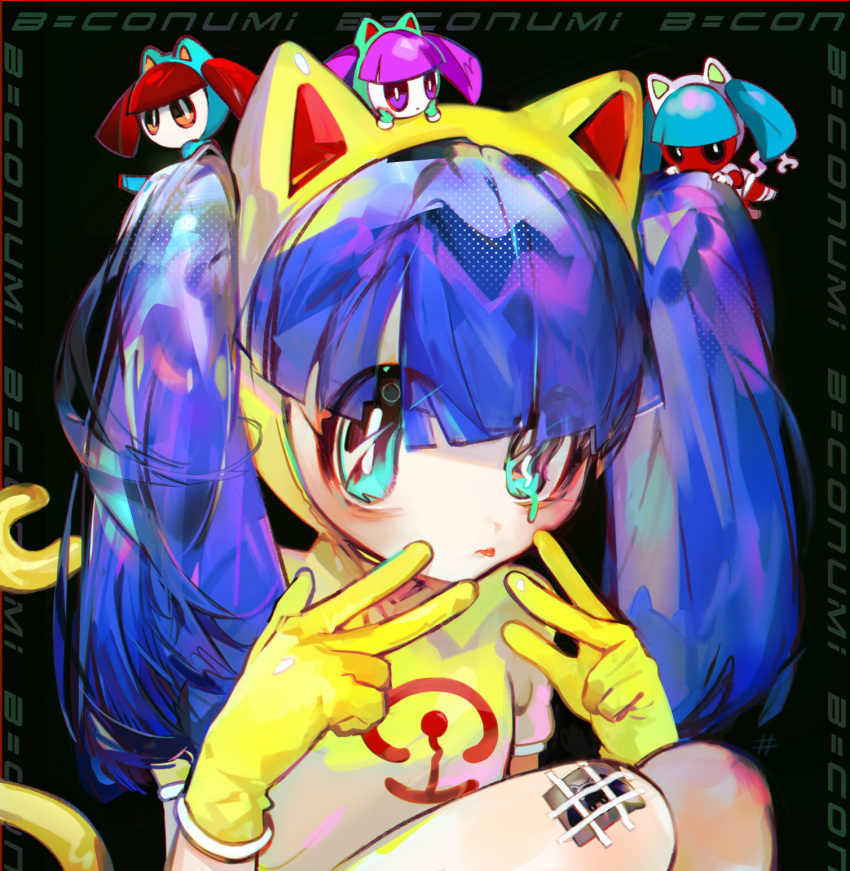 4girls animal_ears animal_hood b=conumi_(leper_kamilah) best_happiness black_background blue_eyes blue_hair blunt_bangs borrowed_character cat_ears cat_hood character_name closed_mouth colored_skin gloves hands_up highres hood hood_up knees_up long_hair looking_at_viewer melting_eyes mini_person minigirl multiple_girls original pink_hair red_skin redhead shirt sitting tail tongue tongue_out twintails w yellow_gloves yellow_shirt