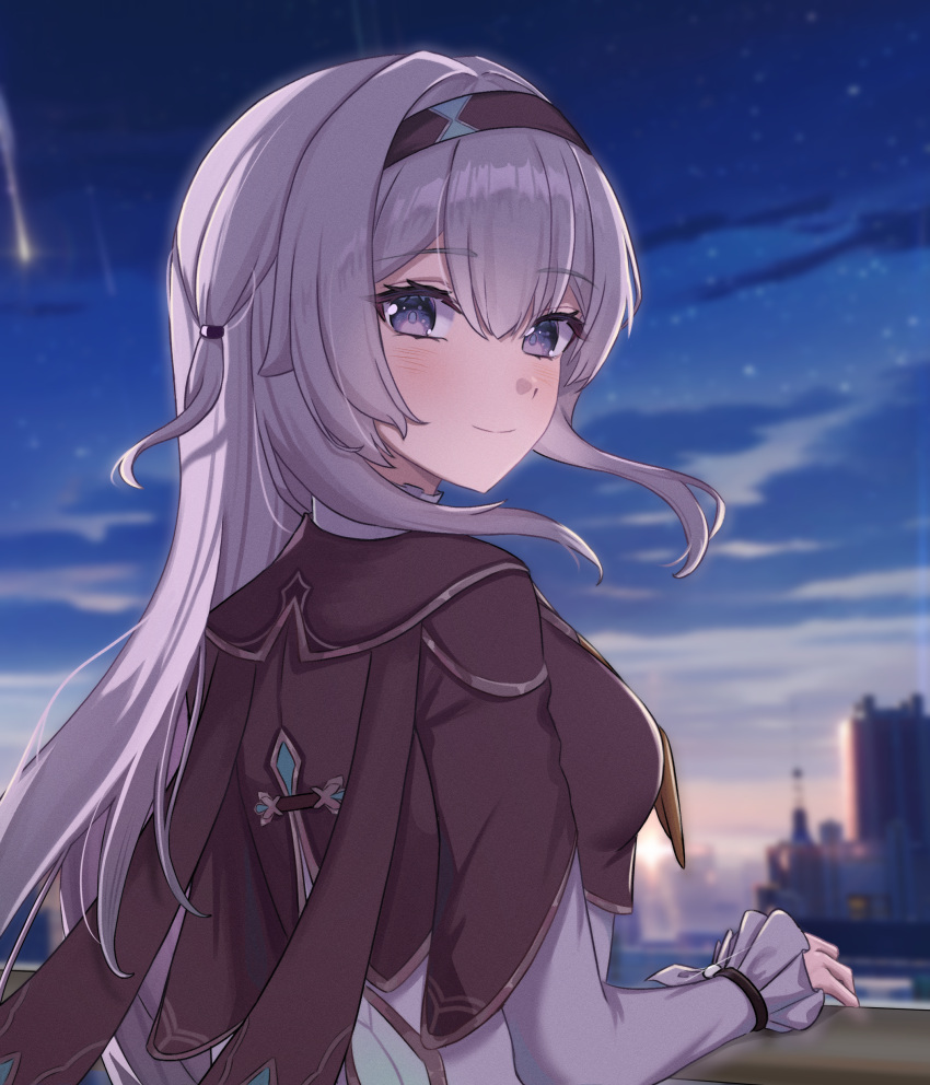 1girl absurdres blush brown_jacket closed_mouth cropped_jacket firefly_(honkai:_star_rail) frilled_sleeves frills grey_hair highres honkai:_star_rail honkai_(series) jacket long_hair long_sleeves looking_back meteor_shower serafhin shirt smile solo twilight two_side_up violet_eyes white_shirt