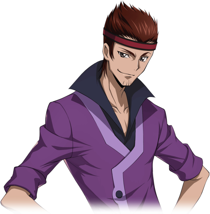 1boy artist_request beard_stubble black_shirt brown_hair closed_mouth code_geass code_geass:_lost_stories collarbone collared_shirt cropped_torso facial_hair game_cg hands_on_own_hips happy headband high_collar jacket looking_at_viewer male_focus non-web_source official_art pectoral_cleavage pectorals purple_jacket red_headband shirt short_hair sidelocks simple_background sleeves_rolled_up smile solo spiky_hair standing stubble tamaki_shin'ichirou transparent_background upper_body v-neck