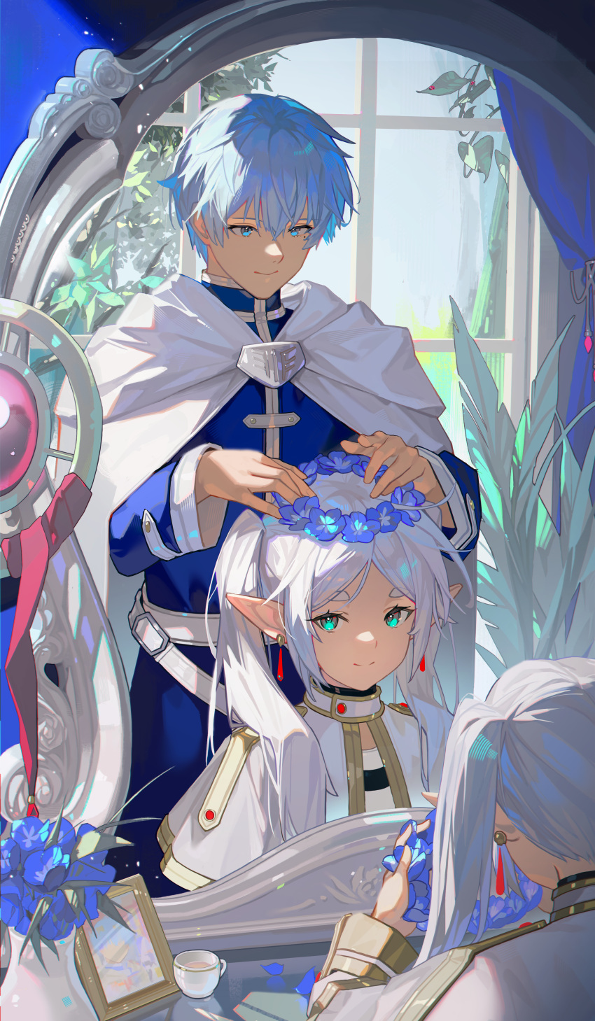 1boy 1girl absurdres affectionate blue_eyes blue_flower blue_hair cloak different_reflection earrings flower frieren green_eyes head_wreath highres himmel_(sousou_no_frieren) hood hooded_cloak jewelry light_rays long_hair looking_at_another looking_at_viewer mirror picture_frame plant pointy_ears potted_plant reflection sad_smile sanng short_hair sidelighting smile sousou_no_frieren staff thick_eyebrows twintails upper_body vase white_hair window