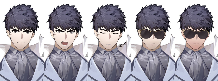 1boy alchemy_stars black_hair expressions highres looking_at_viewer magicxbai male_focus multiple_views official_alternate_costume pittman_(alchemy_stars) portrait scar scar_on_cheek scar_on_face short_hair suit sunglasses