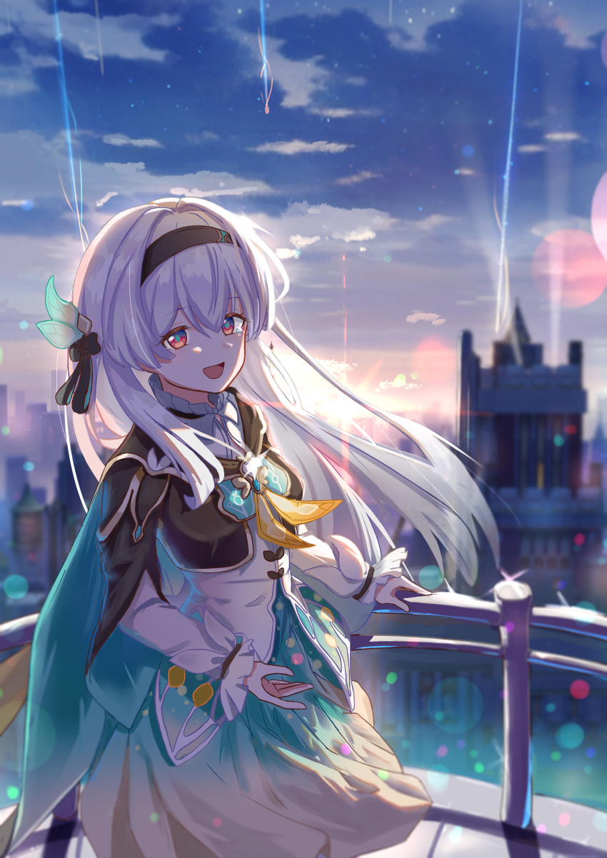 1girl absurdres aqua_skirt balcony blue_eyes brooch brown_hairband brown_jacket brown_ribbon cityscape cowboy_shot cropped_jacket firefly_(honkai:_star_rail) hair_ribbon hairband highres honkai:_star_rail honkai_(series) jacket jewelry long_hair long_sleeves looking_at_viewer meteor_shower ningmeng_zizi open_mouth pink_eyes ribbon shirt skirt smile solo twilight white_hair white_shirt