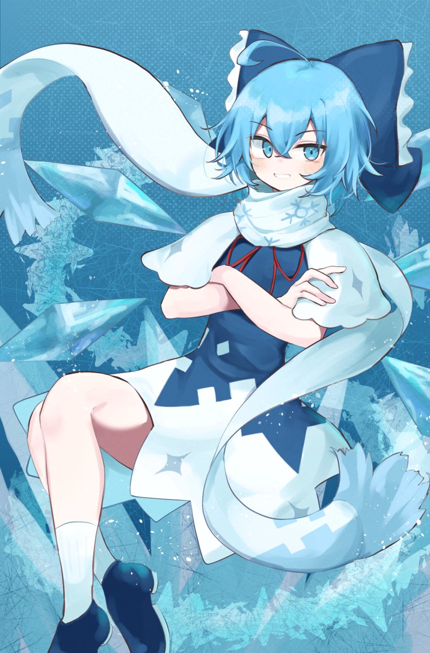 1girl ahoge blue_background blue_bow blue_dress blue_eyes blue_footwear blue_hair blue_scarf bow cirno crossed_arms crossed_bangs detached_wings dress full_body hair_between_eyes hair_bow highres ice ice_wings looking_at_viewer neck_ribbon open_mouth pinafore_dress red_ribbon ribbon scarf shino2121 simple_background sleeveless sleeveless_dress socks solo teeth touhou white_socks wings