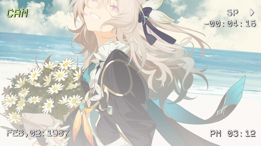 1girl beach black_ribbon bouquet bow clouds collar commentary firefly_(honkai:_star_rail) floating_hair frilled_collar frills grey_hair hair_between_eyes hair_bow hair_ribbon highres holding holding_bouquet honkai:_star_rail honkai_(series) long_hair long_sleeves recording ribbon smile solo symbol-only_commentary tatatsu viewfinder violet_eyes white_bow