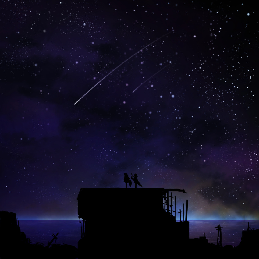 2girls assault_lily building commentary highres holding holding_shield holding_weapon horizon kuo_shenlin multiple_girls night night_sky ocean outdoors ruins scenery shield shooting_star silhouette sky standing star_(sky) starry_sky teisuu utility_pole wang_yujia water weapon