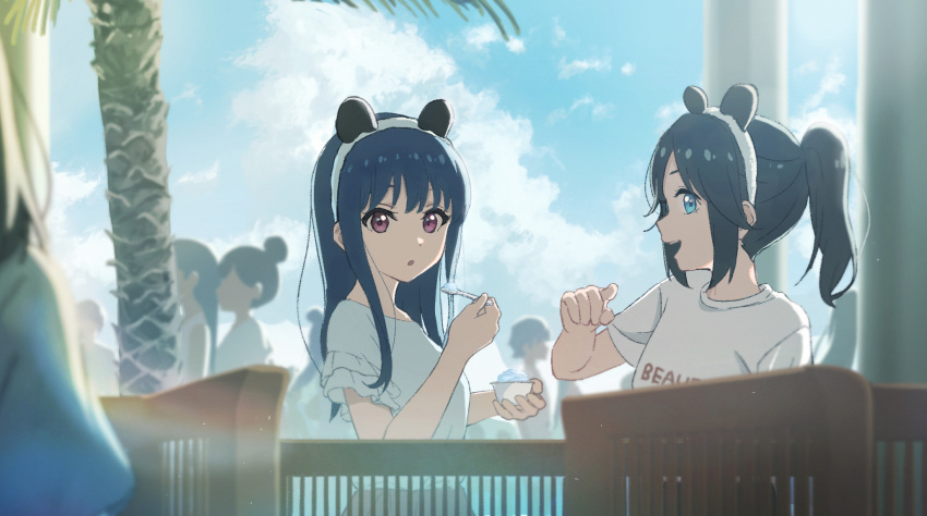 2boys 3others 4girls :d animal_ear_hairband animal_ears black_hair blue_eyes blue_hair blue_sky blurry blurry_background breasts chair clothes_writing clouds cumulonimbus_cloud cup day depth_of_field fake_animal_ears food hairband hibike!_euphonium highres holding holding_cup holding_spoon kasaki_nozomi lens_flare light_particles long_hair looking_at_viewer multiple_boys multiple_girls multiple_others open_mouth outdoors palm_tree people ponytail profile railing raku_rakugaki shaved_ice shirt sidelocks sitting sky small_breasts smile spoon teeth tree upper_body upper_teeth_only violet_eyes white_hairband white_shirt yoroizuka_mizore