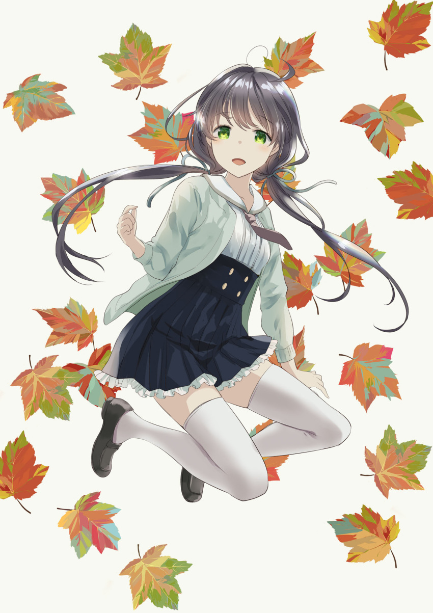 1girl :d autumn_leaves black_footwear black_hair black_skirt brown_necktie commentary_request floating_hair frilled_skirt frills full_body green_eyes grey_background grey_jacket highres jacket loafers looking_at_viewer low_twintails naruse_chisato necktie open_clothes open_jacket original pleated_skirt sailor_collar shirt shoes simple_background skirt smile solo thigh-highs twintails white_sailor_collar white_shirt white_thighhighs