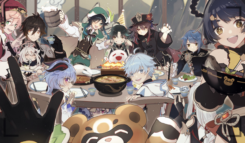 6+boys 6+girls ^_^ absurdres aether_(genshin_impact) aqua_hair bear beer_mug birthday_cake black_hair black_nails blue_hair boo_tao_(genshin_impact) bowl braid braided_hair_rings brown_hair cake candle cape chair cheek_pull chongyun_(genshin_impact) chopsticks closed_eyes closed_mouth coat cup drink eating facing_viewer fake_phone_screenshot fake_screenshot fingernails fire flower food food_in_mouth ganyu_(genshin_impact) genshin_impact ghost gloom_(expression) gloves green_eyes grey_hair grin guoba_(genshin_impact) hair_between_eyes hair_rings halo hand_on_another's_cheek hand_on_another's_face hat hat_flower height_difference hiding highres holding holding_bowl holding_chopsticks holding_cup holding_spoon hood hood_down horns hoshiyui_tsukino hu_tao_(genshin_impact) indoors leaning_to_the_side long_hair long_sleeves looking_at_viewer mechanical_halo mug multicolored_hair multiple_boys multiple_girls nail_polish on_chair one_eye_closed open_mouth paimon_(genshin_impact) pink_hair pov pov_hands qiqi_(genshin_impact) red_eyes shenhe_(genshin_impact) shirt short_hair sitting smile spoon standing sweat table taking_picture twin_braids two-tone_hair under_table v venti_(genshin_impact) vest viewfinder violet_eyes vision_(genshin_impact) xiangling_(genshin_impact) xiao_(genshin_impact) xingqiu_(genshin_impact) yanfei_(genshin_impact) yellow_eyes zhongli_(genshin_impact)