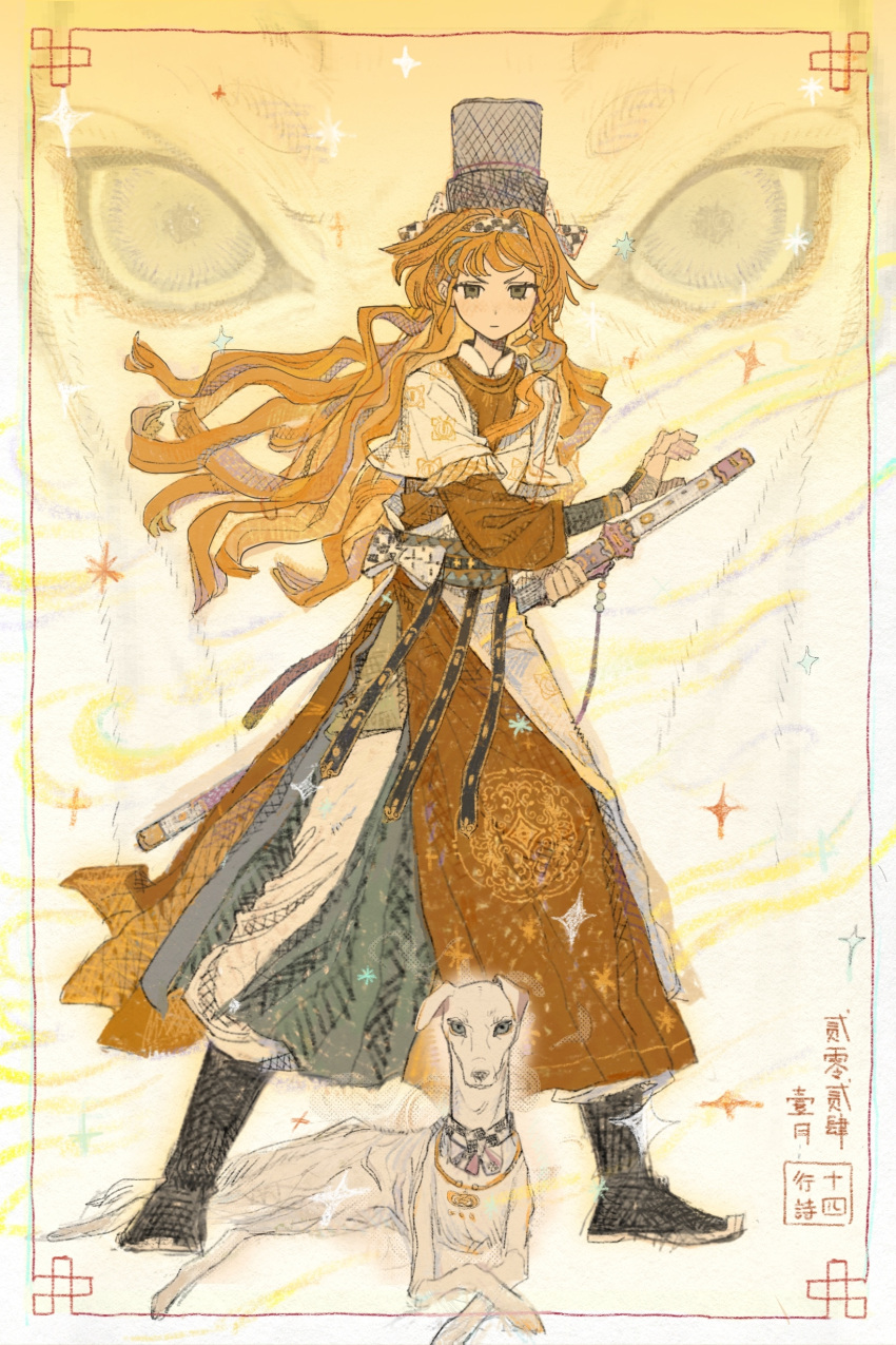 1girl absurdres ankle_boots black_footwear black_headwear boots checkered_hairband chinese_clothes chinese_text closed_mouth dog expressionless floating_hair full_body green_eyes hanfu highres holding holding_sword holding_weapon jian_(weapon) layered_sleeves long_hair long_sleeves looking_at_viewer orange_background orange_hair pants pants_tucked_in red_robe reverse:1999 robe sheath sheathed short_over_long_sleeves short_sleeves shuiliuliu solo sonetto_(reverse:1999) sword v-shaped_eyebrows weapon white_pants