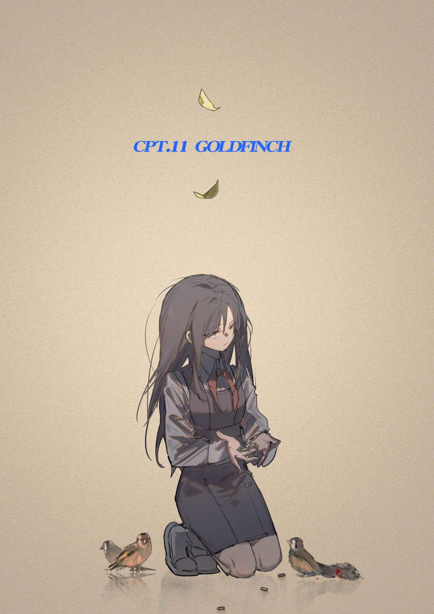 1girl absurdres aged_down american_goldfinch angelia_(girls'_frontline) black_dress black_hair blood blueblossom brown_eyes bullet collared_shirt commentary dead_animal dress english_commentary english_text falling_leaves full_body girls_frontline highres holding holding_bullet kneeling leaf long_hair long_sleeves neckerchief red_neckerchief shirt simple_background solo white_footwear white_shirt
