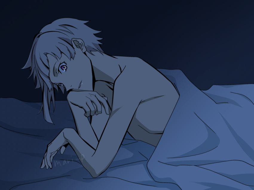 bare_shoulders bed bungou_stray_dogs grey_hair looking_at_viewer lying mari_(marimaripink) nakajima_atsushi_(bungou_stray_dogs) nude on_stomach solo under_covers upper_body yellow_eyes