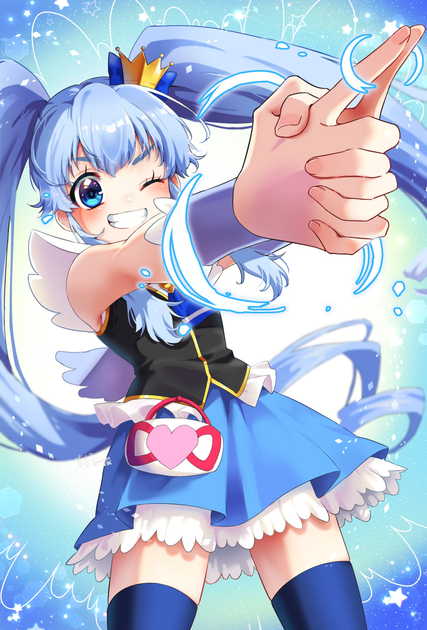 1girl absurdres blue_background blue_eyes blue_hair blue_skirt blue_theme blue_thighhighs brooch commentary crown cure_princess earrings hair_ornament happinesscharge_precure! heart heart_brooch highres jewelry long_hair looking_at_viewer magical_girl mayako0706 mini_crown pointing precure skirt smile solo thigh-highs twintails vest wing_brooch wing_earrings wrist_cuffs