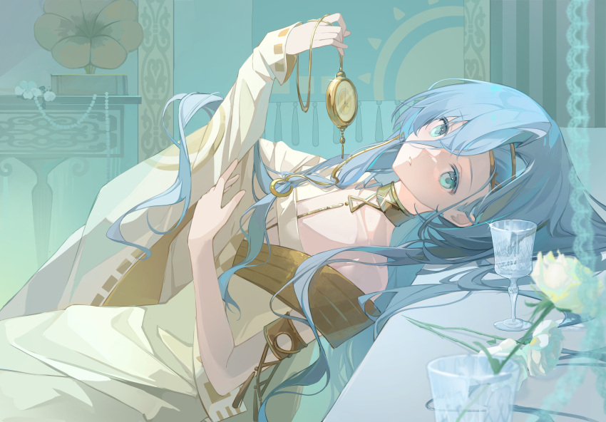 1girl 37_(reverse:1999) absurdres ancient_greek_clothes armlet blue_background blue_eyes blue_hair cup drinking_glass flower gold_choker greco-roman_clothes hair_between_eyes hair_spread_out hand_up highres holding holding_pocket_watch long_hair looking_at_viewer lying on_back parted_lips phonograph pocket_watch reverse:1999 single_sleeve solo toga upper_body very_long_hair watch white_flower wide_sleeves yi_zhi_zhi_zhi_bing