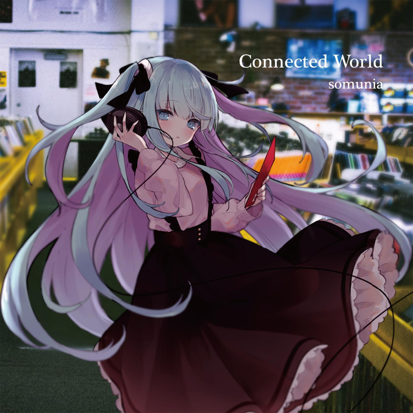 1girl black_ribbon black_skirt blue_eyes blue_hair blurry blurry_background cable character_name feet_out_of_frame frilled_skirt frills hair_ribbon hand_on_headphones hands_up highres indie_virtual_youtuber jirai_kei long_hair long_sleeves looking_at_viewer mimelond official_alternate_costume official_art open_mouth outdoors photo_background pink_shirt ribbon second-party_source shirt skirt solo somunia standing suspender_skirt suspenders two_side_up very_long_hair virtual_youtuber wind