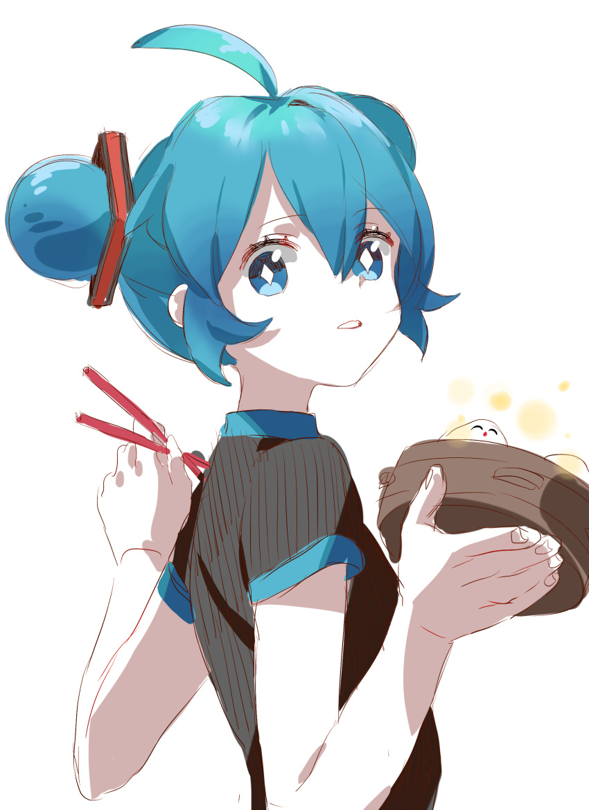 absurdres ahoge alternate_costume alternate_hairstyle black_dress blue_hair china_dress chinese_clothes chopsticks colored_skin diamond-shaped_pupils diamond_(shape) double_bun dress dumpling food hair_bun hair_ornament hands_up hatsune_miku highres holding holding_chopsticks holding_tray looking_at_viewer parted_lips shisantian short_hair short_sleeves simple_background sketch striped_clothes symbol-shaped_pupils tray vertical-striped_clothes vocaloid white_background white_skin