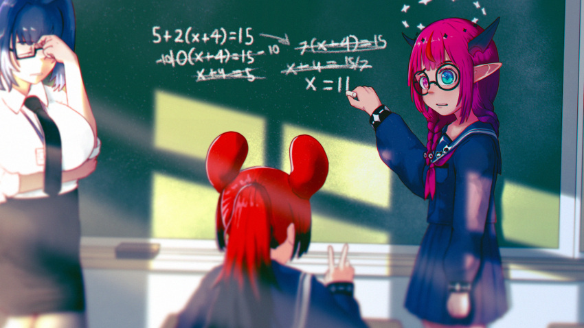 3girls alternate_hairstyle animal_ears black_skirt blue_hair blue_serafuku blue_shirt blue_skirt braid chalk chalkboard claivin classroom english_commentary exasperation hakos_baelz halo heterochromia highres holding holding_chalk hololive hololive_english horns indoors irys_(gamer)_(hololive) irys_(hololive) long_sleeves low_twin_braids math mouse_ears multiple_girls neckerchief official_alternate_costume ouro_kronii pencil_skirt pleated_skirt pointy_ears ponytail red_neckerchief redhead round_eyewear school_uniform serafuku shirt skirt twin_braids virtual_youtuber you're_doing_it_wrong