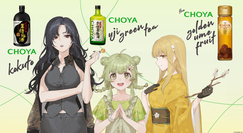 3girls ad ahoge alcohol black_gloves black_hair black_jacket black_pants black_shirt blonde_hair bottle branch candy choya_umeshu double_bun dress earrings english_text floral_print flower food from_side gloves green_background green_dress green_eyes green_hair green_shirt hair_bun hand_on_own_chest highres holding holding_branch holding_candy holding_food holding_lollipop jacket jacket_on_shoulders japanese_clothes jewelry kimono lollipop long_hair looking_at_viewer multiple_girls ninomae_ina'nis_(artist) obi obijime own_hands_together pants personification plum_blossoms red_eyes sash shirt signature simple_background sleeveless sleeveless_shirt twintails umeshu wavy_hair yellow_eyes yellow_kimono