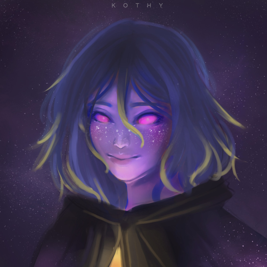 artist_name black_cloak blue_hair blurry cloak colored_sclera colored_skin dana_(kothy) dark_blue_hair depth_of_field divine_being facing_viewer hair_between_eyes highres kothy light_smile looking_at_viewer medium_hair original pink_eyes pink_sclera purple_skin smile space star_(sky)