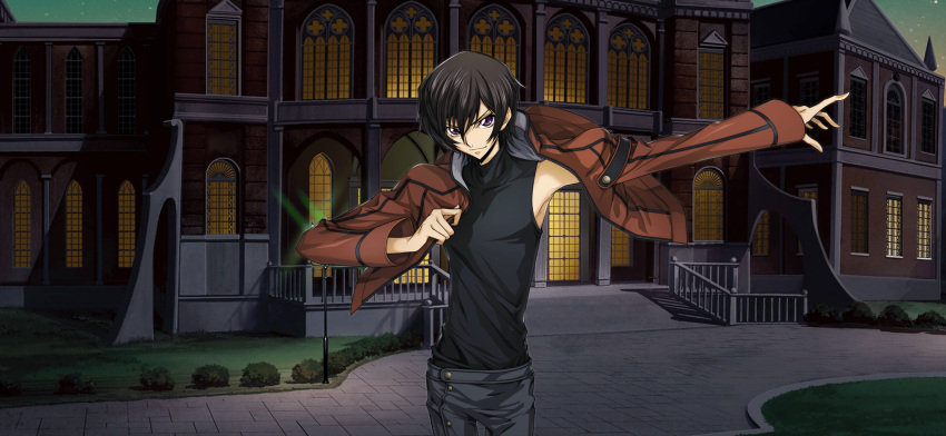 1boy arm_up armpits artist_request black_hair black_shirt brown_jacket building bush buttons closed_mouth code_geass code_geass:_lost_stories covered_collarbone cowboy_shot dressing game_cg grey_pants hair_between_eyes hand_up happy highres jacket lamppost lelouch_vi_britannia long_sleeves looking_at_viewer male_focus non-web_source official_art open_clothes open_jacket outdoors outstretched_arm pants putting_on_jacket railing shirt shirt_tucked_in short_hair sidelocks sleeveless sleeveless_shirt smile solo standing sunset turtleneck_shirt v-shaped_eyebrows violet_eyes window