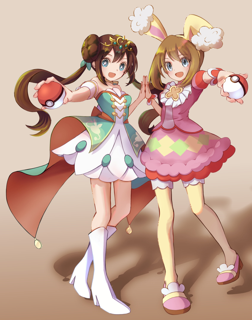 2girls :d absurdres animal_ears bare_shoulders blue_eyes brown_hair double_bun dress fake_animal_ears full_body hair_bun hand_on_another's_hand highres holding holding_poke_ball looking_at_viewer may_(pokemon) may_(spring_2021)_(pokemon) multiple_girls open_mouth palms_together pantyhose pink_dress pink_footwear poke_ball poke_ball_(basic) pokemon pokemon_masters_ex puffy_short_sleeves puffy_sleeves rabbit_ears rosa_(champion)_(pokemon) rosa_(pokemon) short_sleeves smile tiara twintails white_dress white_footwear yellow_pantyhose yurika_(poire087)