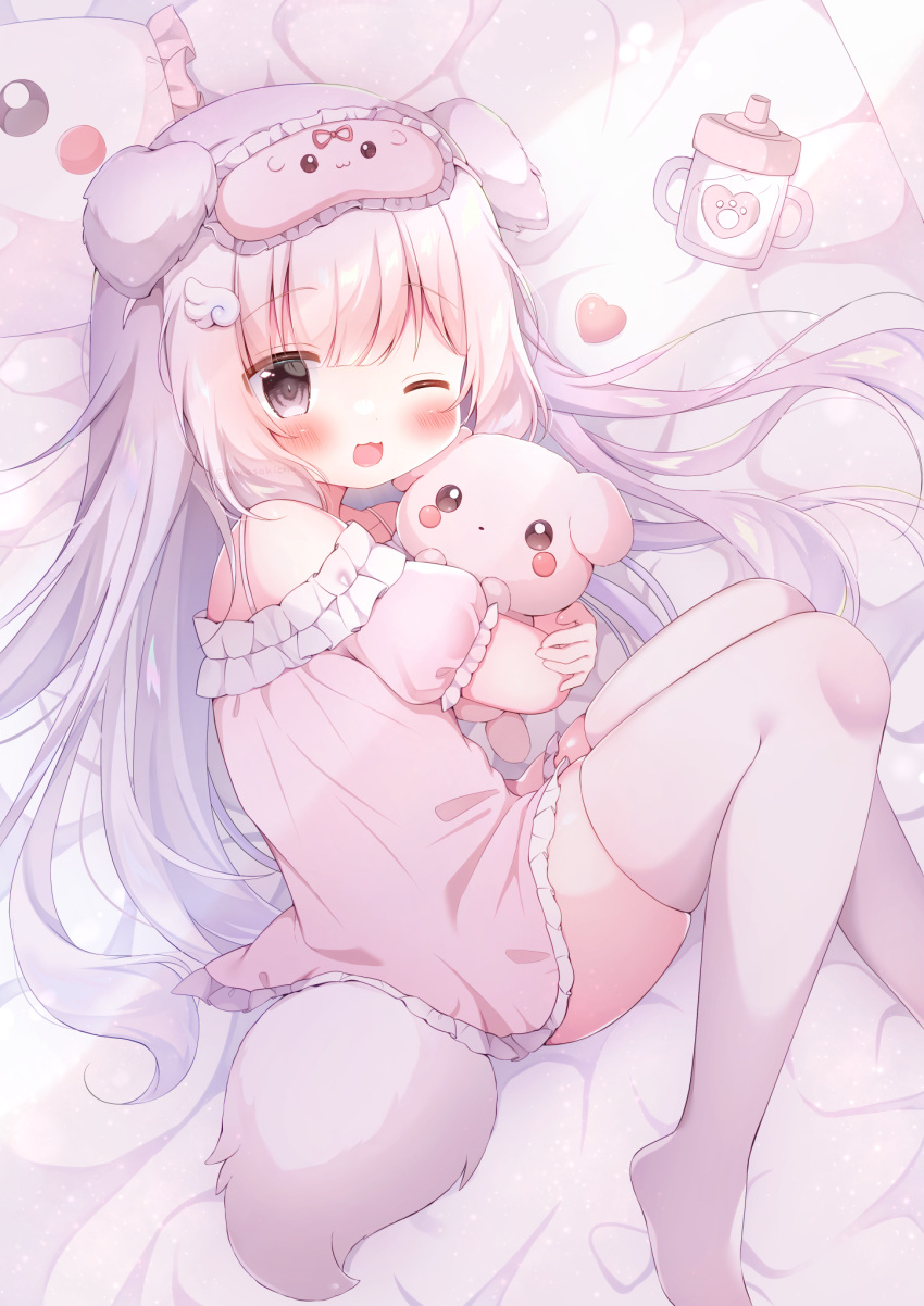 1girl animal_ears bed blush brown_eyes dog_ears dog_girl dog_tail dress eye_mask hair_ornament hairclip hanasakichu highres hug hugging_object long_hair lying mask mask_on_head nightgown no_shoes on_side one_eye_closed open_mouth original pillow pink_dress pink_hair short_dress short_sleeves smile solo stuffed_animal stuffed_toy tail thigh-highs thighs white_thighhighs
