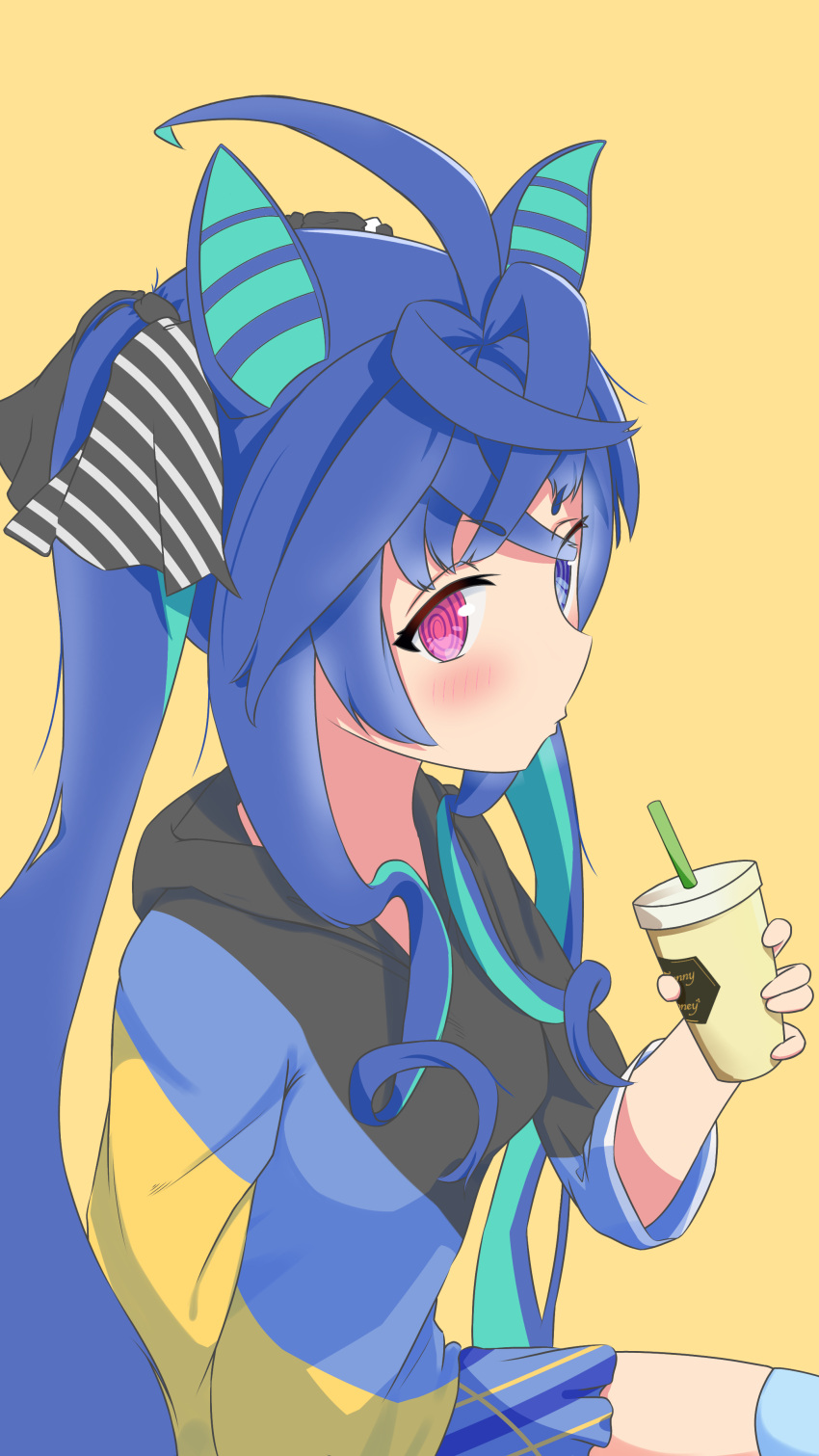 1girl absurdres animal_ears aqua_hair black_hoodie black_ribbon blue_eyes blue_hair blue_hoodie blue_skirt blue_thighhighs blush crossed_bangs cup disposable_cup from_side hair_ribbon heterochromia highres holding holding_cup hood hood_down hoodie horse_ears horse_girl ikarosub long_hair looking_at_viewer miniskirt multicolored_clothes multicolored_hair multicolored_hoodie plaid plaid_skirt pleated_skirt ribbon short_sleeves sidelocks simple_background sitting skirt solo tail thigh-highs twin_turbo_(umamusume) twintails two-tone_hair umamusume very_long_hair violet_eyes yellow_background yellow_hoodie