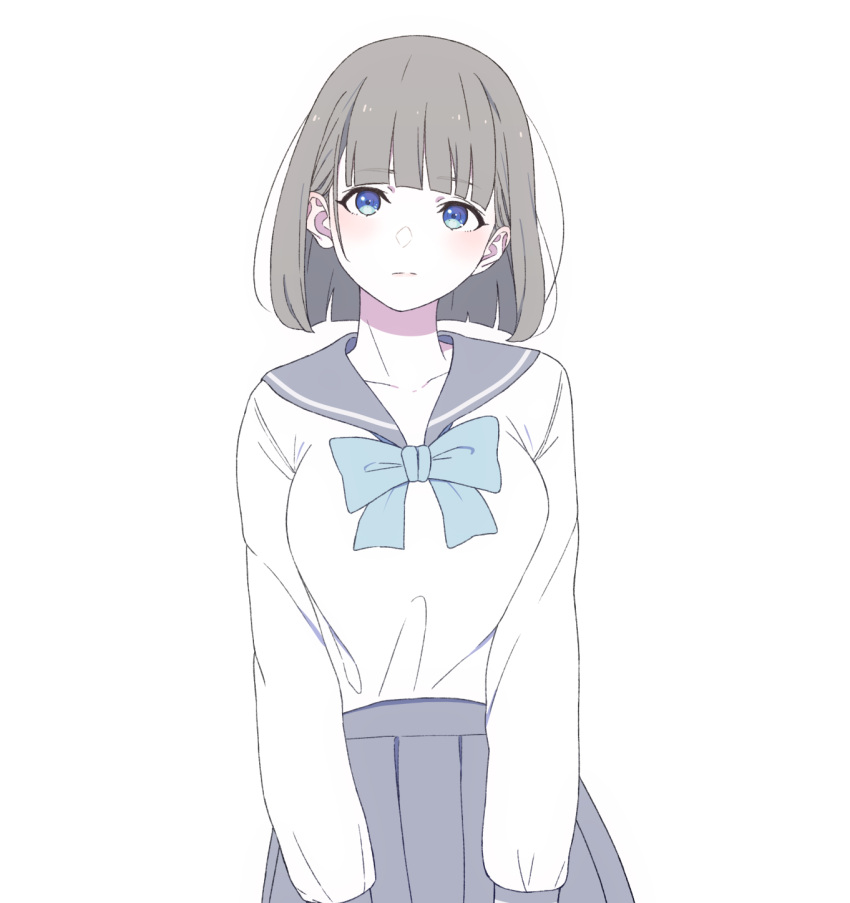 1girl blue_bow blue_bowtie blue_eyes bob_cut bow bowtie breasts closed_mouth collarbone colored_skin cowboy_shot grey_hair grey_sailor_collar grey_skirt highres large_breasts long_sleeves looking_at_viewer medium_hair natuich original pleated_skirt sailor_collar school_uniform serafuku simple_background skirt solo standing white_background white_serafuku white_skin