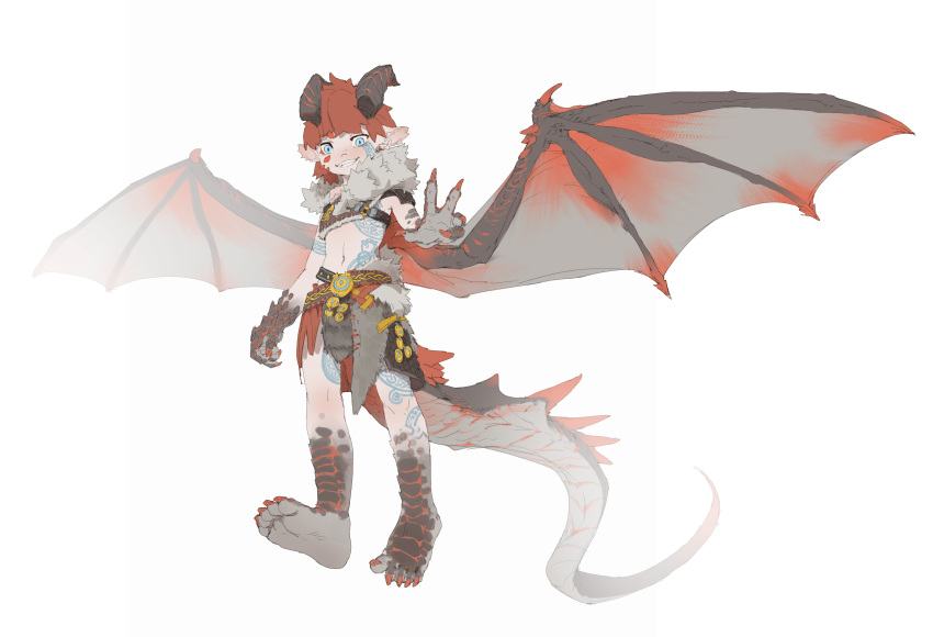 1boy absurdres barefoot blue_eyes child claws dragon_boy dragon_horns dragon_tail dragon_wings fins from_behind highres horns kemonomimi_mode lirenans looking_down male_focus navel original pointy_ears redhead scales solo tail tattoo toes white_background wings