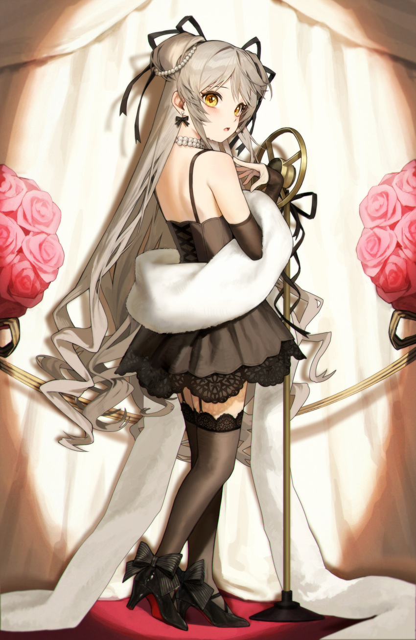 1girl absurdres black_bow black_dress black_ribbon blush bow bow_earrings desert_eagle_(girls'_frontline) dress earrings flower full_body garter_straps girls_frontline grey_hair hair_ribbon high_heels highres jewelry kir_(khw66136132) looking_at_viewer microphone_stand necklace official_alternate_costume orange_eyes parted_lips pearl_hair_ornament pearl_necklace red_flower red_rose ribbon rose solo stole