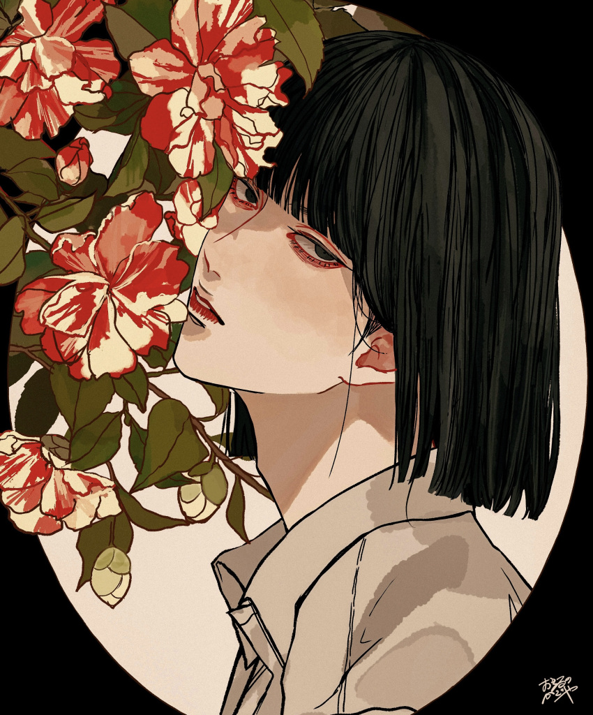 1boy absurdres black_border black_eyes black_hair blunt_bangs blunt_ends bob_cut border branch collared_shirt flower from_side hair_behind_ear head_tilt highres kagoya1219 looking_at_viewer looking_to_the_side male_focus original outside_border parted_lips plant portrait red_flower shirt signature solo straight_hair white_background white_shirt