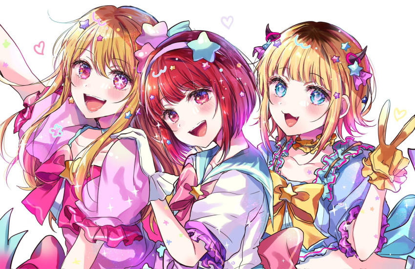 3girls :3 :d arima_kana arm_up back_bow behind_another blonde_hair blue_bow blue_choker blue_eyes blue_ribbon blue_sailor_collar blunt_bangs blush bob_cut bow bowtie brooch brown_hair buttons choker collarbone cropped_shirt csvakrj4bns9tmw demon_horns eyelashes fake_horns fang flower_(symbol) frilled_gloves frilled_shirt frills gloves hair_ornament hair_ribbon hairband hand_on_another's_shoulder hand_up head_tilt heart highres horns hoshino_ruby idol idol_clothes inverted_bob jewelry long_hair looking_at_viewer memcho midriff multicolored_hair multiple_girls open_mouth oshi_no_ko puffy_short_sleeves puffy_sleeves purple_bow purple_bowtie purple_hairband purple_shirt red_eyes redhead ribbon ribbon-trimmed_shirt sailor_collar sailor_shirt shirt short_hair short_sleeves sidelocks smile sparkle square_neckline star-shaped_pupils star_(symbol) star_brooch star_hair_ornament star_tattoo swept_bangs symbol-shaped_pupils tattoo teeth turning_head two-tone_hair upper_teeth_only v white_background white_gloves yellow_collar yellow_gloves