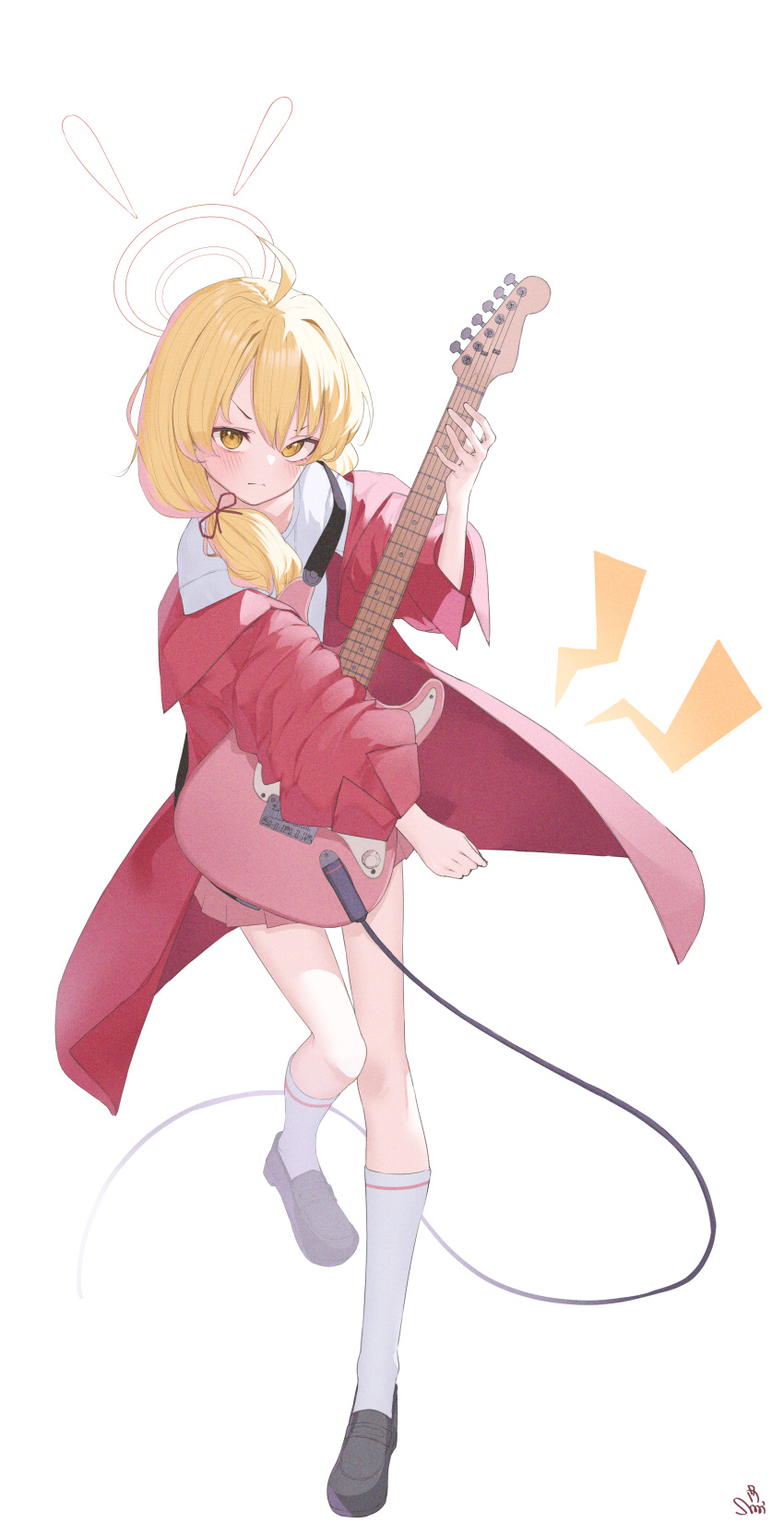 1girl absurdres ahoge black_footwear blonde_hair blue_archive blush closed_mouth electric_guitar full_body guitar halo highres holding holding_instrument instrument jacket long_hair long_sleeves looking_at_viewer open_clothes open_jacket pink_skirt pleated_skirt red_jacket shoes signature simple_background skirt socks solo tachibana_shiori_(suica_112) white_background white_socks yellow_eyes yellow_halo yoshimi_(blue_archive)