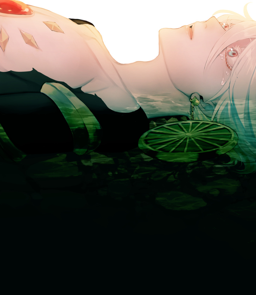 1boy armor bishounen colored_eyelashes commentary_request crying crying_with_eyes_open earrings fate/apocrypha fate_(series) hair_between_eyes highres jewelry karna_(fate) lips long_eyelashes looking_ahead lying on_back open_mouth pale_skin partially_submerged profile ripples sm tears water white_hair