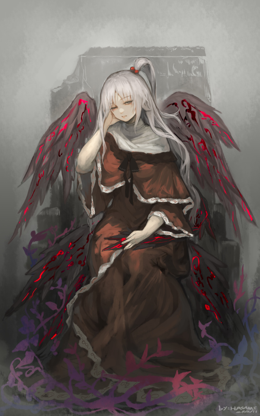 1girl absurdres black_ribbon black_wings capelet commentary dress grey_hair hair_bobbles hair_ornament hand_on_own_cheek hand_on_own_face highres long_dress long_hair neck_ribbon one_eye_closed one_side_up parted_lips red_capelet red_dress ribbon shinki_(touhou) shirt sitting solo symbol-only_commentary touhou touhou_(pc-98) white_hair white_shirt wide_sleeves wings