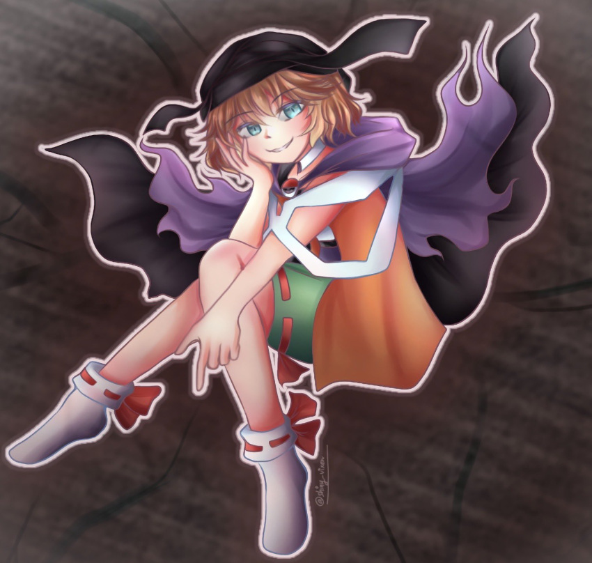 1other androgynous aya_(shiny_vixen) black_cape black_headwear blue_eyes brown_hair cape cine_hamal commentary green_shorts hand_on_own_cheek hand_on_own_face highres kuzu_suzumi len'en no_shoes open_clothes open_vest orange_vest other_focus outline purple_shawl red_ribbon ribbon ribbon-trimmed_shorts ribbon-trimmed_socks ribbon_trim shawl shirt short_hair shorts sitting smile socks solo strapless strapless_shirt turban twitter_username vest white_outline white_shirt white_socks