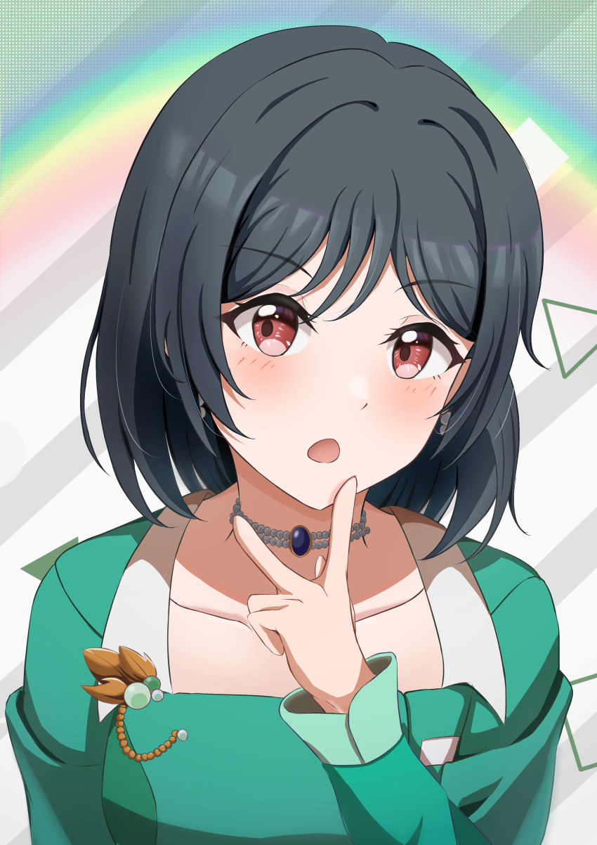 1girl absurdres black_hair blush collarbone commentary commentary_request dress earrings green_dress highres jewelry long_sleeves looking_at_viewer love_live! love_live!_nijigasaki_high_school_idol_club mifune_shioriko necklace ninben_(ninben_2892) open_mouth rainbow red_eyes short_hair sidelocks solo upper_body vroom_vroom_(love_live!)