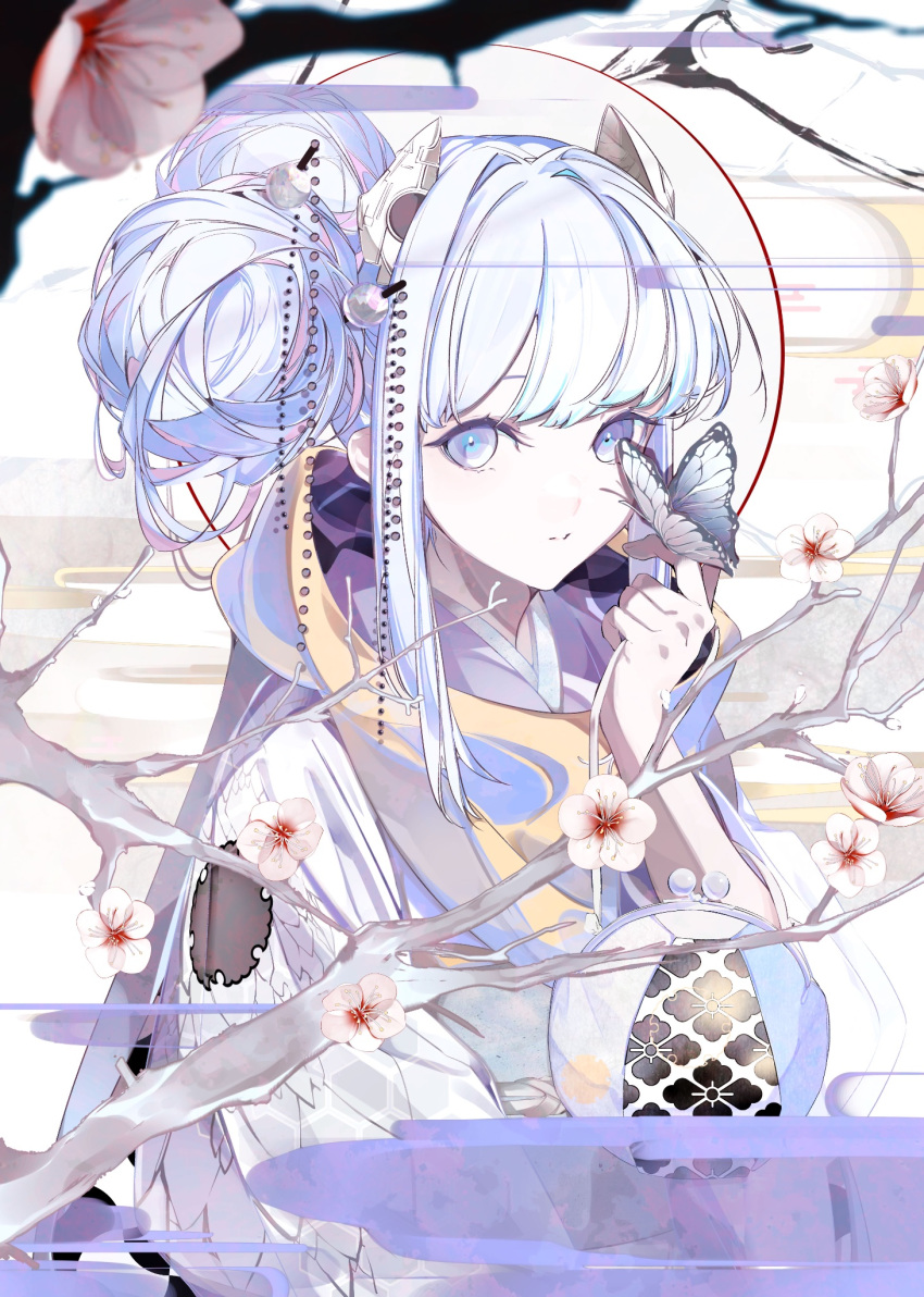 1girl blue_butterfly blue_eyes blue_hair branch bug butterfly butterfly_on_hand cherry_blossoms double_bun egasumi hair_bun hair_ornament hair_stick hand_up highres indie_virtual_youtuber japanese_clothes kimono long_hair long_sleeves looking_at_viewer maimuro official_alternate_costume official_alternate_hairstyle official_art parted_lips second-party_source solo somunia upper_body virtual_youtuber white_kimono