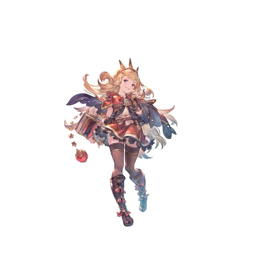 1girl absurdres blonde_hair book boots bracer cagliostro_(granblue_fantasy) cape floating_hair full_body granblue_fantasy granblue_fantasy:_relink headdress highres holding holding_book long_hair looking_at_viewer minaba_hideo official_art open_book short_sleeves skirt smile solo thigh-highs transparent_background zettai_ryouiki