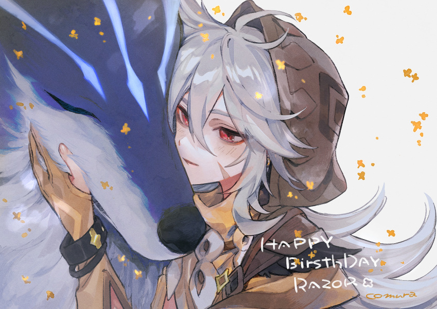 1boy ahoge artist_name blue_skin bracelet brown_capelet capelet character_name closed_mouth colored_skin diamond_(shape) genshin_impact gloves grey_background hair_between_eyes happy_birthday hood hooded_capelet jewelry komyu_(masheri) long_hair looking_at_animal male_focus partially_fingerless_gloves petting razor_(genshin_impact) red_eyes shirt signature solo upper_body white_fur white_hair wolf yellow_gloves yellow_shirt