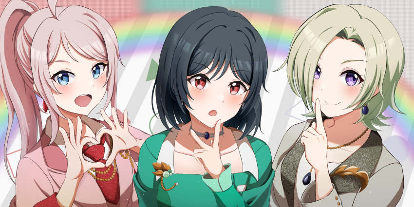 3girls absurdres ahoge black_hair blue_eyes blush closed_mouth collarbone collared_shirt commentary dress earrings green_dress grey_jacket heart heart_hands highres jacket jewelry long_hair long_sleeves looking_at_viewer love_live! love_live!_nijigasaki_high_school_idol_club mia_taylor mifune_shioriko multiple_girls necklace necktie ninben_(ninben_2892) open_mouth pink_hair pink_jacket ponytail r3birth_(love_live!) rainbow red_eyes red_necktie shirt short_hair sidelocks smile suit teeth upper_body upper_teeth_only violet_eyes vroom_vroom_(love_live!) white_shirt zhong_lanzhu