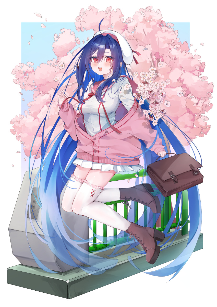 1girl absurdly_long_hair absurdres bag beret blue_hair blush boots breasts brown_bag brown_footwear cherry_blossoms commentary_request eme_(emeralda) full_body hand_up hat high_heel_boots high_heels highres jacket jumping long_hair long_sleeves looking_at_viewer medium_breasts off_shoulder open_mouth original pink_eyes pink_jacket pink_sailor_collar sailor_collar school_bag school_uniform serafuku shirt skirt sleeves_past_wrists smile solo thigh-highs very_long_hair white_headwear white_shirt white_skirt white_thighhighs
