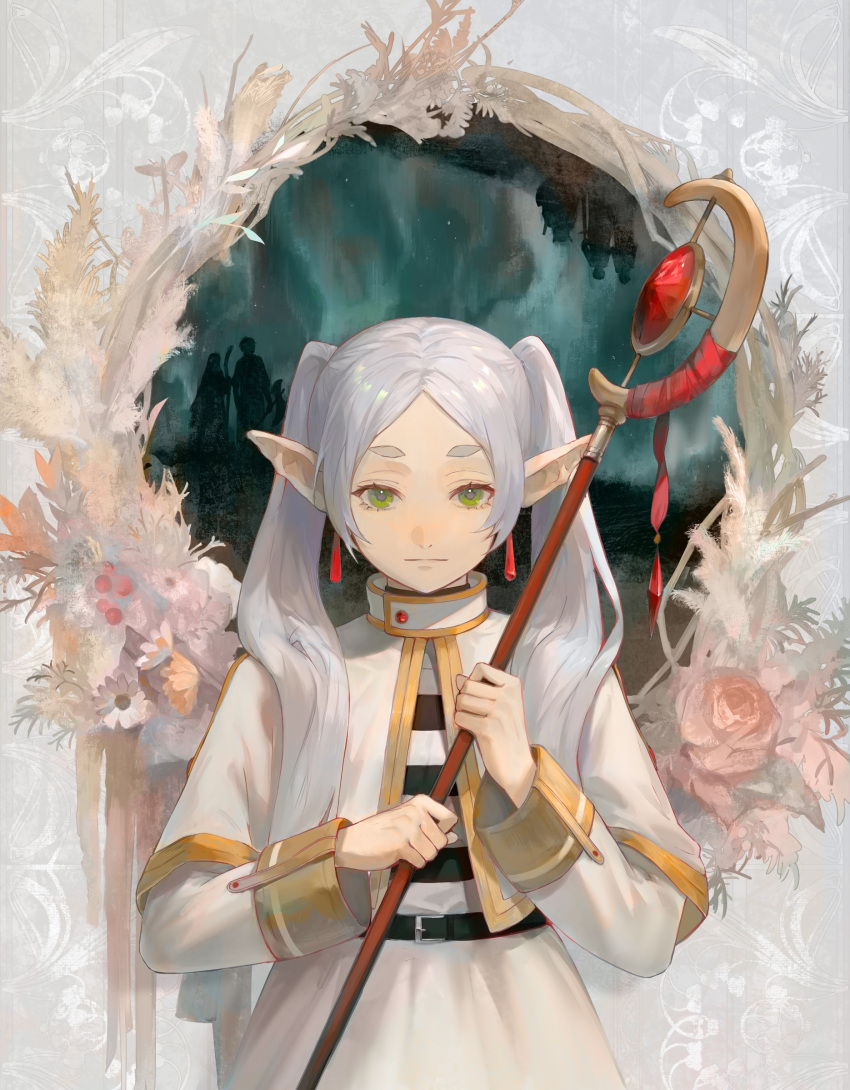 1girl belt black_belt capelet closed_mouth commentary dangle_earrings drop_earrings earrings elf expressionless frieren green_eyes grey_hair highres holding holding_staff jewelry long_hair looking_at_viewer mage_staff pointy_ears shirt skirt solo sousou_no_frieren staff striped_clothes striped_shirt white_capelet white_skirt yoruirooo777