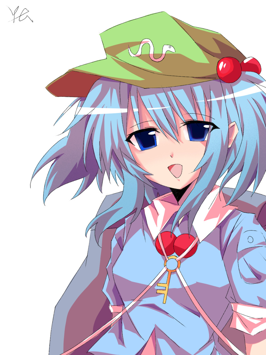 1girl blue_eyes blue_hair blue_shirt breasts chinese_commentary collared_shirt commentary_request green_headwear hair_bobbles hair_ornament hat highres kawashiro_nitori key looking_at_viewer medium_hair open_mouth pocket shirt short_sleeves short_twintails simple_background small_breasts smile solo touhou twintails upper_body white_background yuan_(yuan068533)